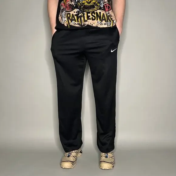 Nike Sweatpants Jet Black Polyester White Swoosh Baggy Wide Leg